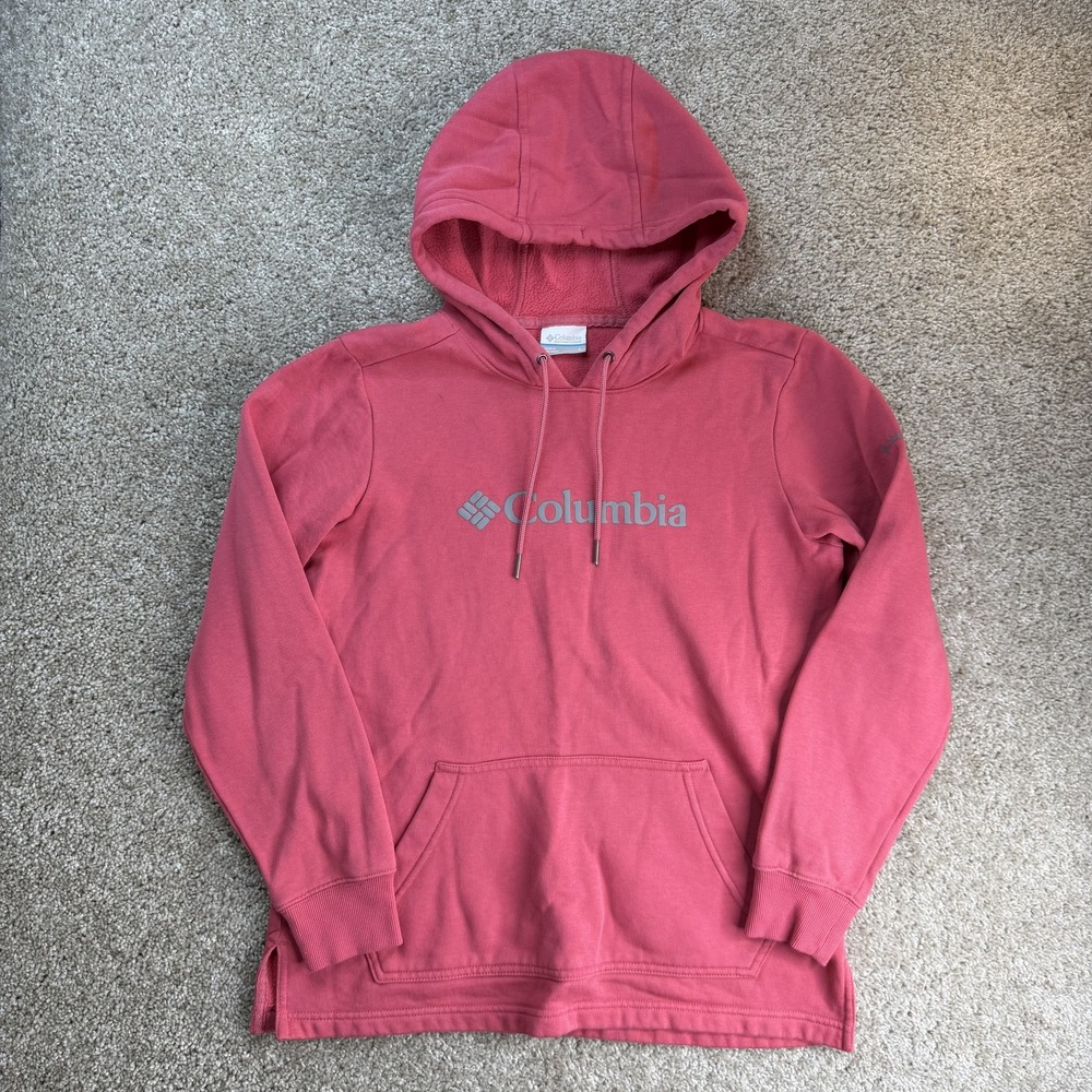 Columbia Hoodie Womens Small Pink Fleece Logo Kangaroo Pullover Sweatshirt